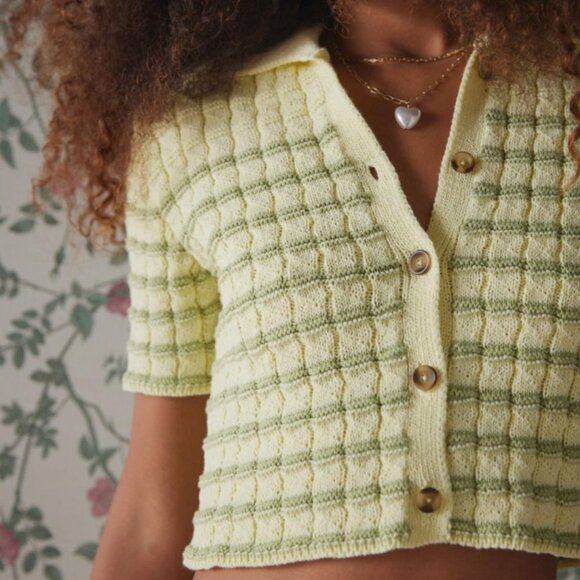 Urban Outfitters Polo Cardigan striped crop sweater womens Yellow (medium) retro - Picture 1 of 7